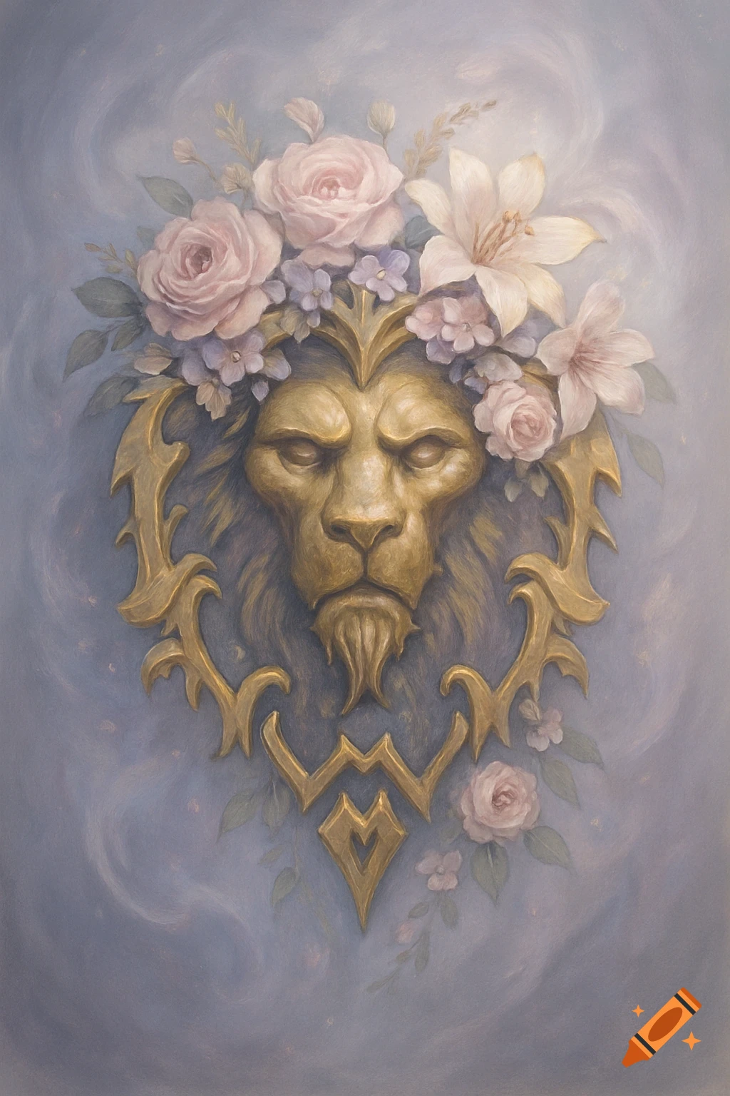 A stylized golden lion's head emblem, adorned with pink and white flowers in its mane and an ornate golden border, set against a soft blue background in a painted style.