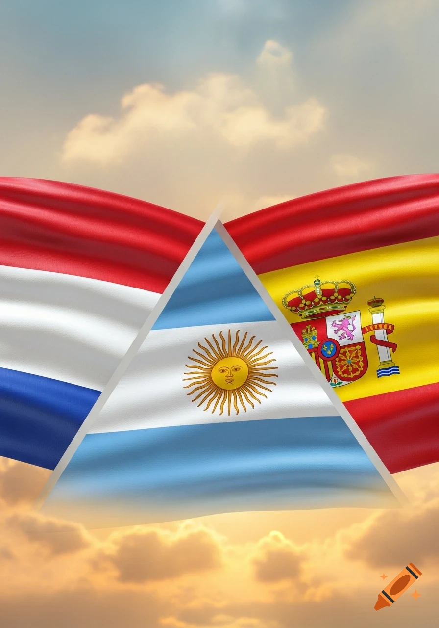 Flags of the Netherlands, Argentina, and Spain intertwined against a cloudy sky.