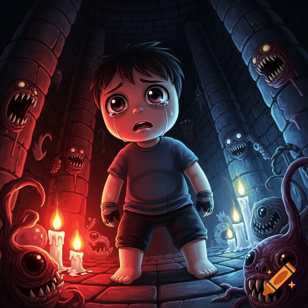 Crying child Isaac from The Binding of Isaac in a dark dungeon, surrounded by stylized monsters and candles, digital art style.