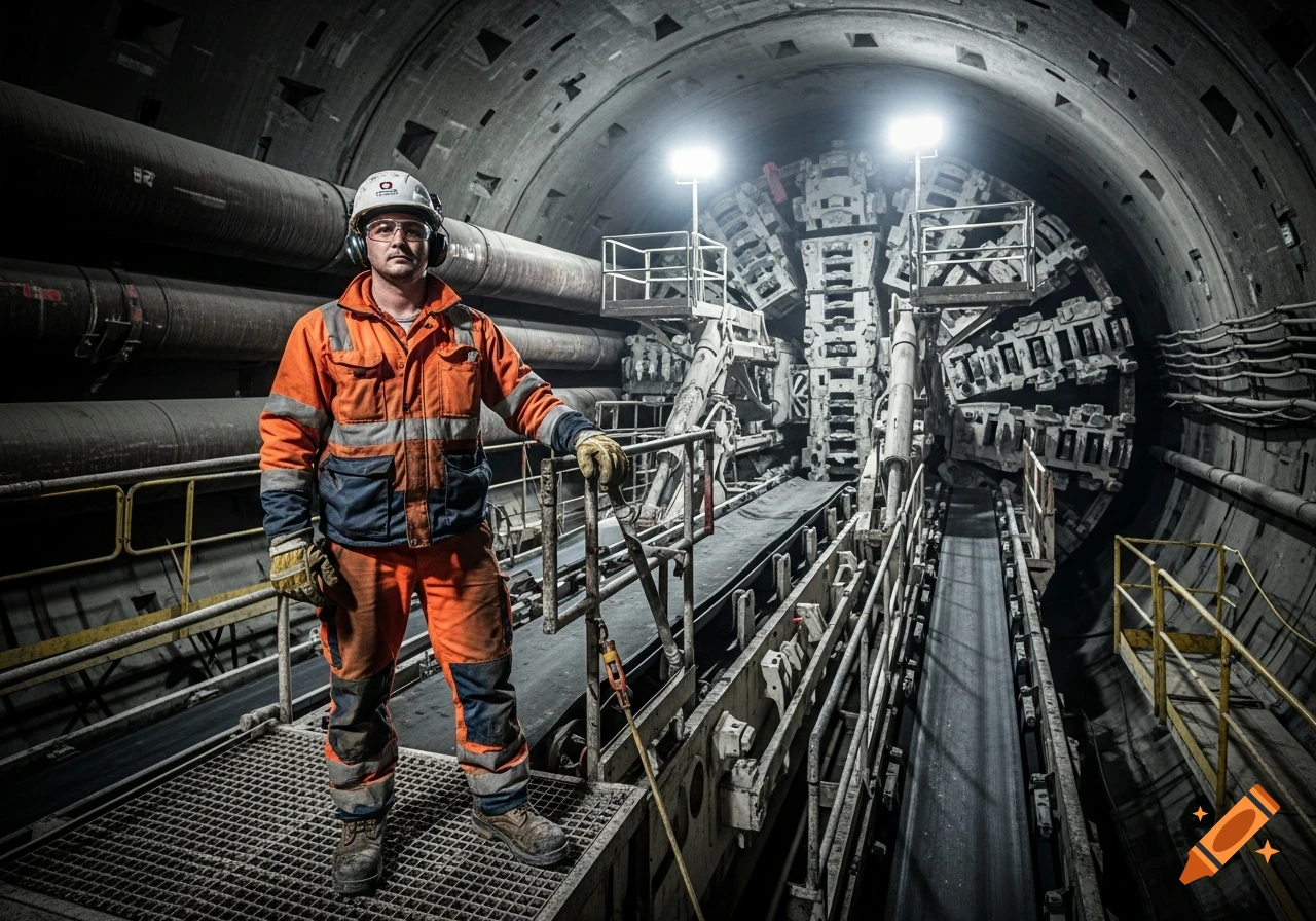 A construction worker in an orange and blue uniform, hard hat, and safety glasses stands in a large concrete tunnel with machinery.