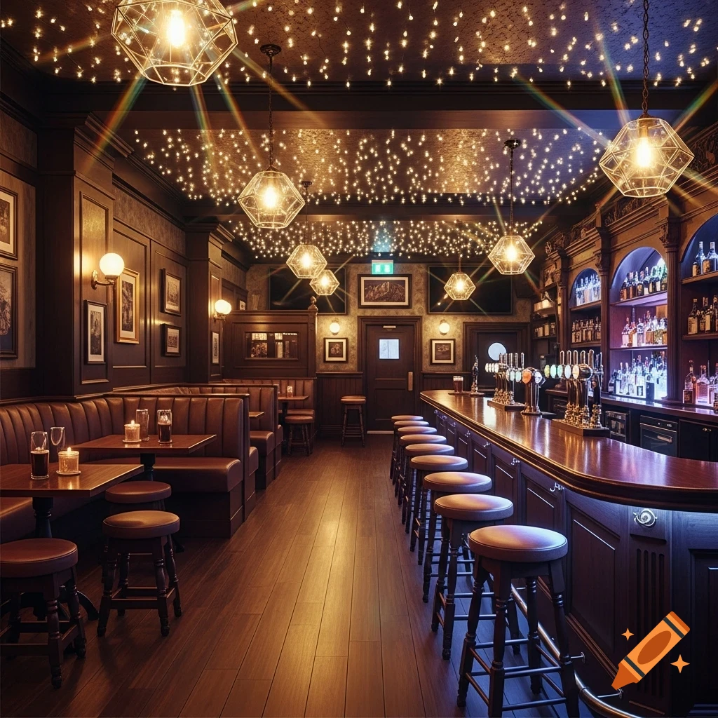 A dimly lit, traditional pub interior with dark wood, booths, a long bar with stools, and a ceiling covered in twinkle lights, with accent lighting.