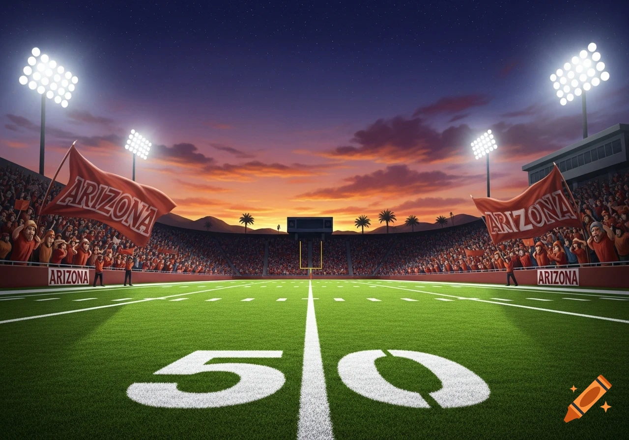 A vibrant football stadium at sunset, viewed from the 50-yard line, with a cheering crowd and Arizona flags.