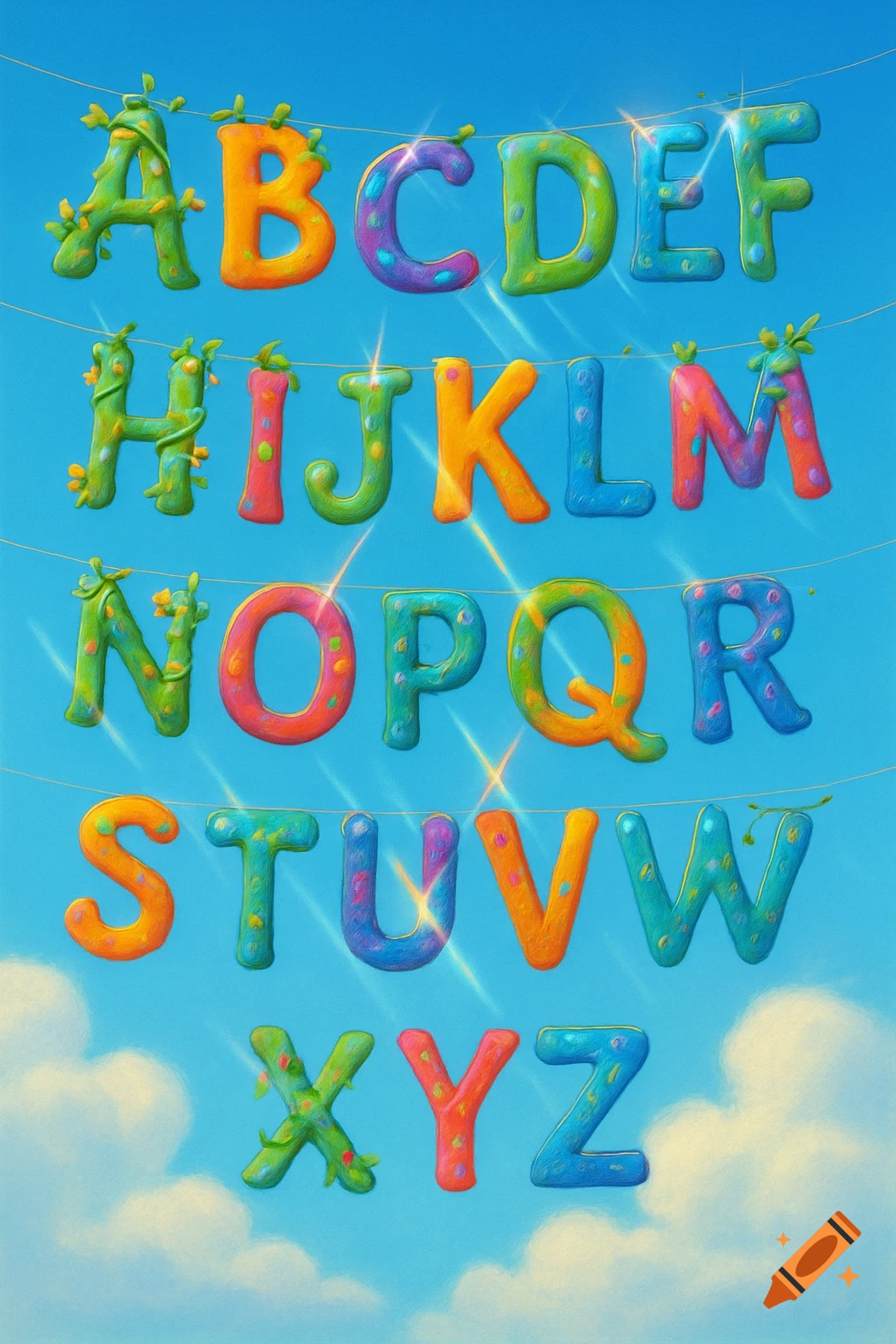 Brightly colored, textured alphabet letters A-Z hang on lines against a blue sky with clouds.
