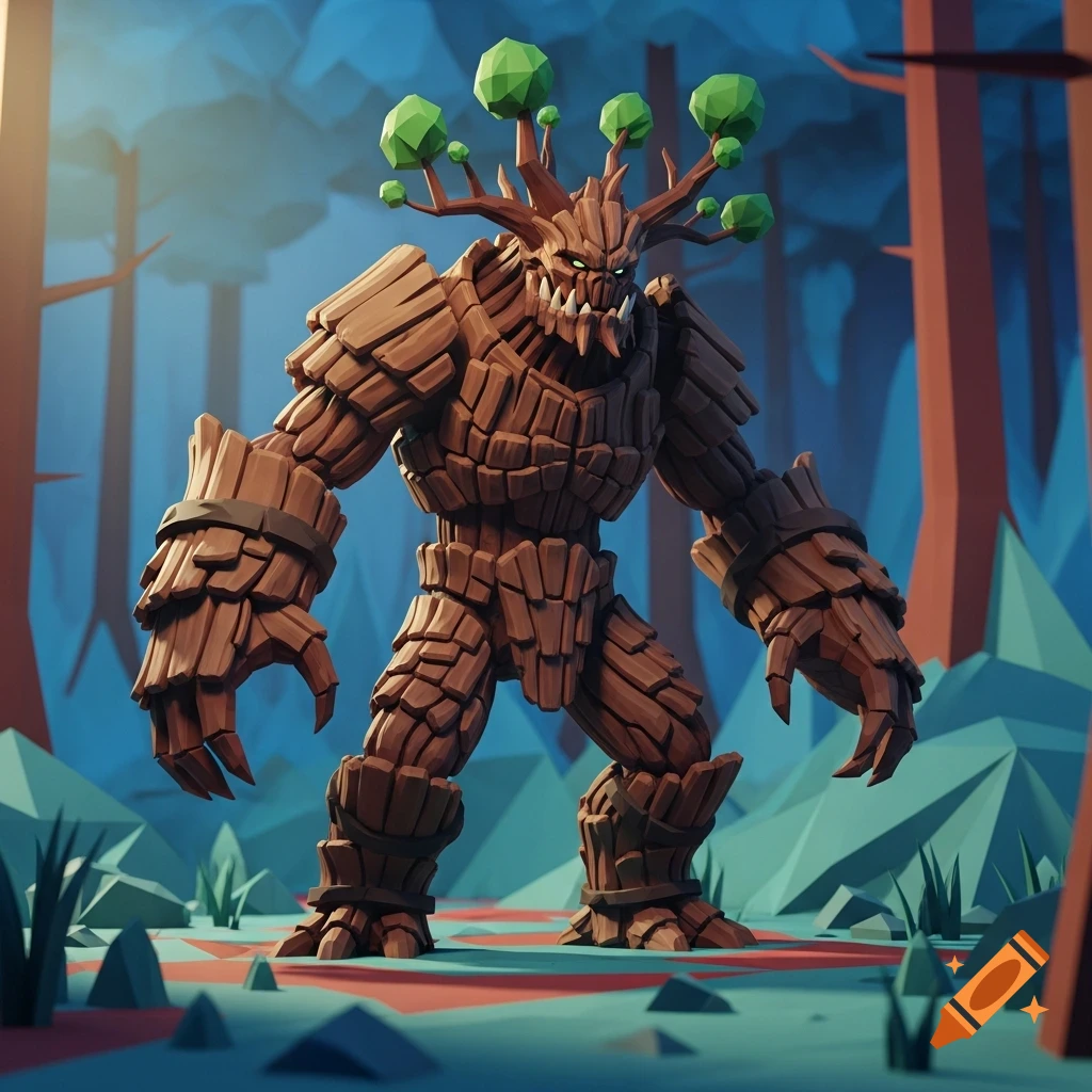 A low-poly tree monster with bark armor and green leafy tops stands in a stylized forest.