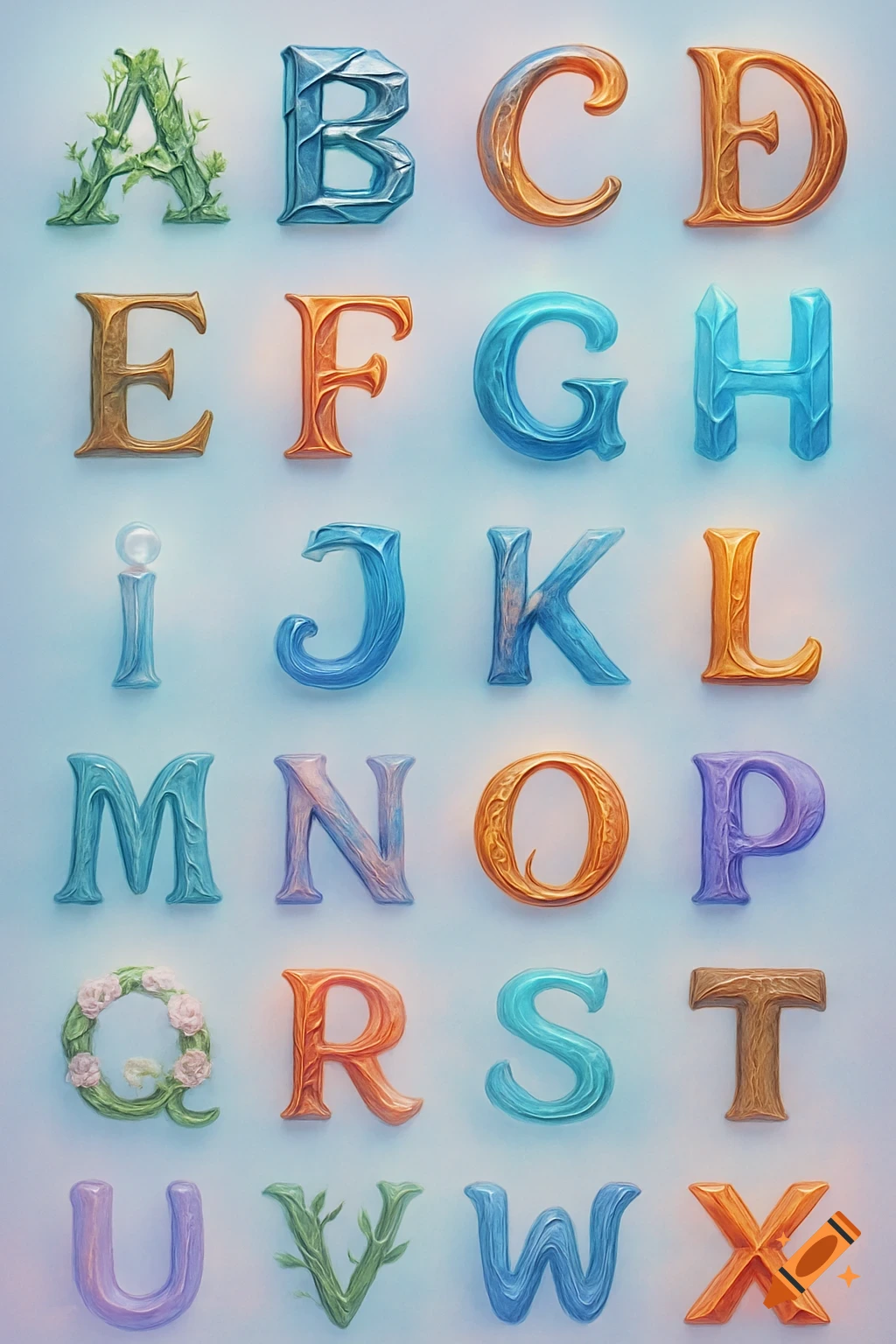 Decorative alphabet letters A-X with various textures like leaves, ice, gold, and stone on a light background.