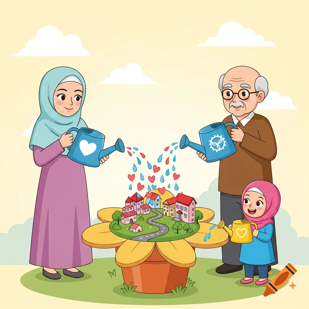 Cartoon of a woman, old man, and little girl watering a miniature city with hearts and water droplets in a flowerpot.
