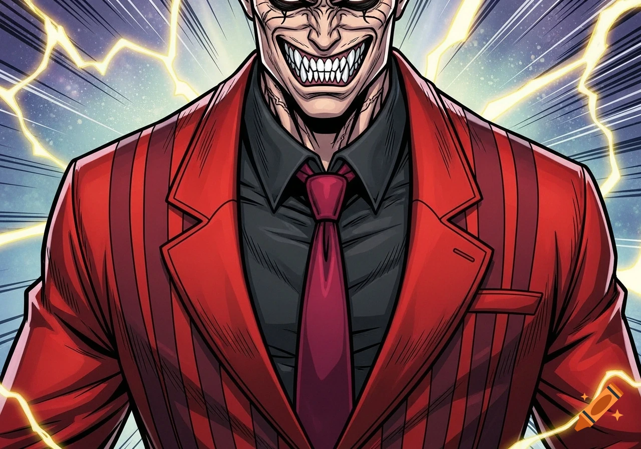 Comic book style illustration of a menacing character in a red pinstripe suit, black shirt, and red tie, with a wide grin of sharp teeth and lightning in the background.