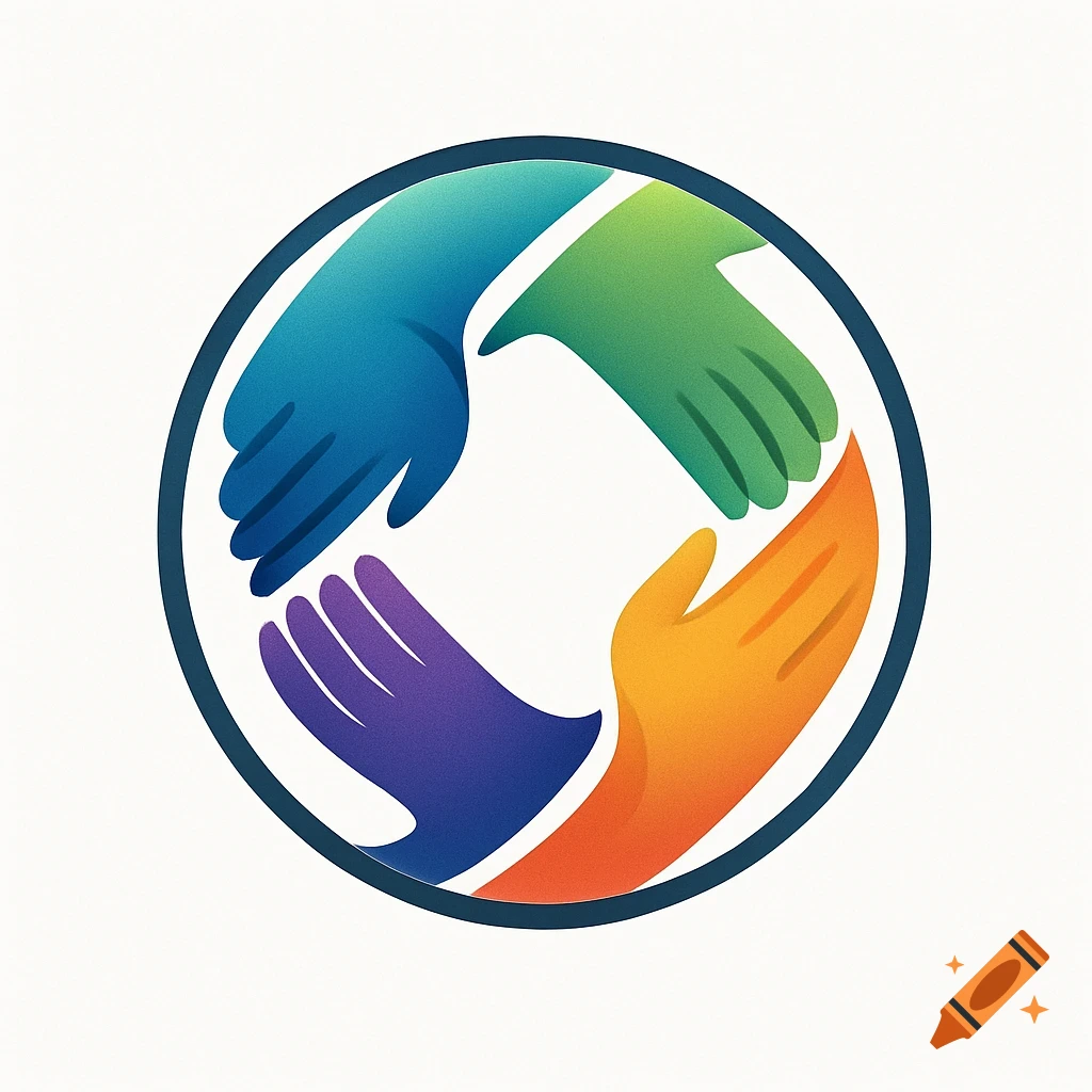 A circular logo with four stylized, colorful interlocking hands in blue, green, orange, and purple, within a dark blue ring.