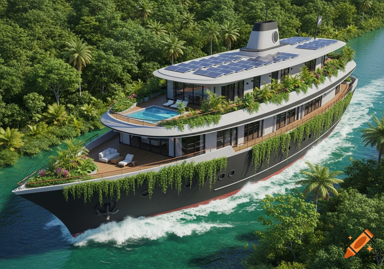 A large eco-friendly yacht with solar panels and lush green plants cruising through a tropical river surrounded by dense jungle.