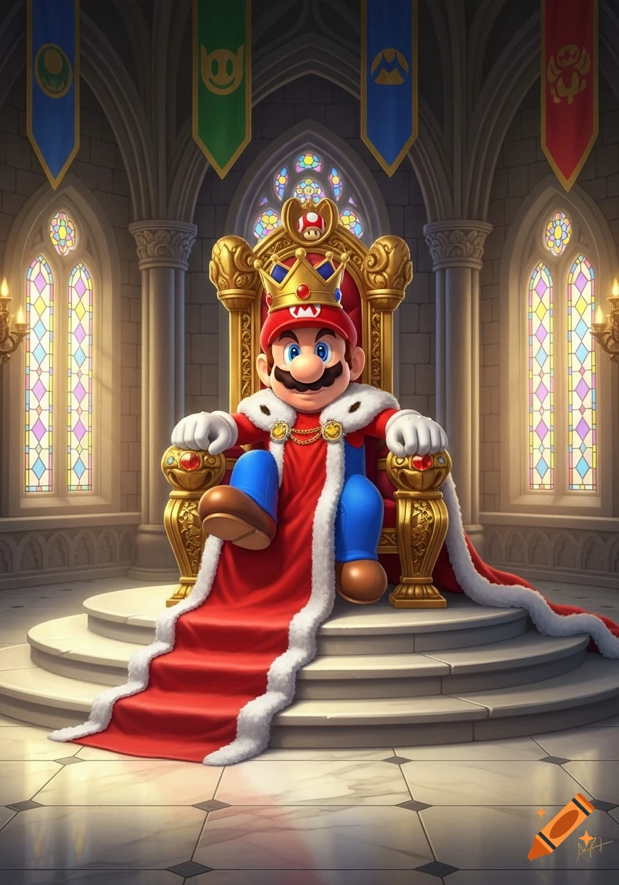 King Mario sits majestically on a golden throne in a grand, regal castle hall with stained-glass windows and banners.