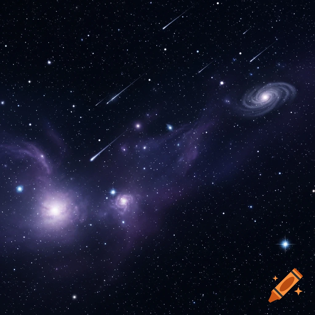 A vibrant deep space scene with twinkling stars, purple nebulae, a spiral galaxy, and several meteors streaking across the dark sky.