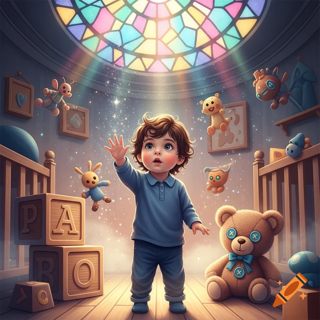 A whimsical illustration of a wide-eyed child reaching up in a magical nursery with a stained-glass ceiling, floating toys, and a teddy bear.