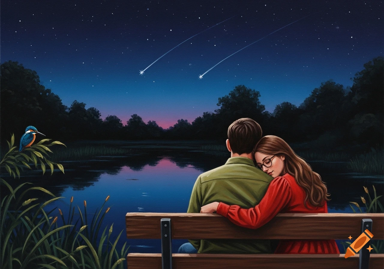 An oil painting of a couple watching shooting stars from a bench by a pond at night, with a kingfisher on a branch.