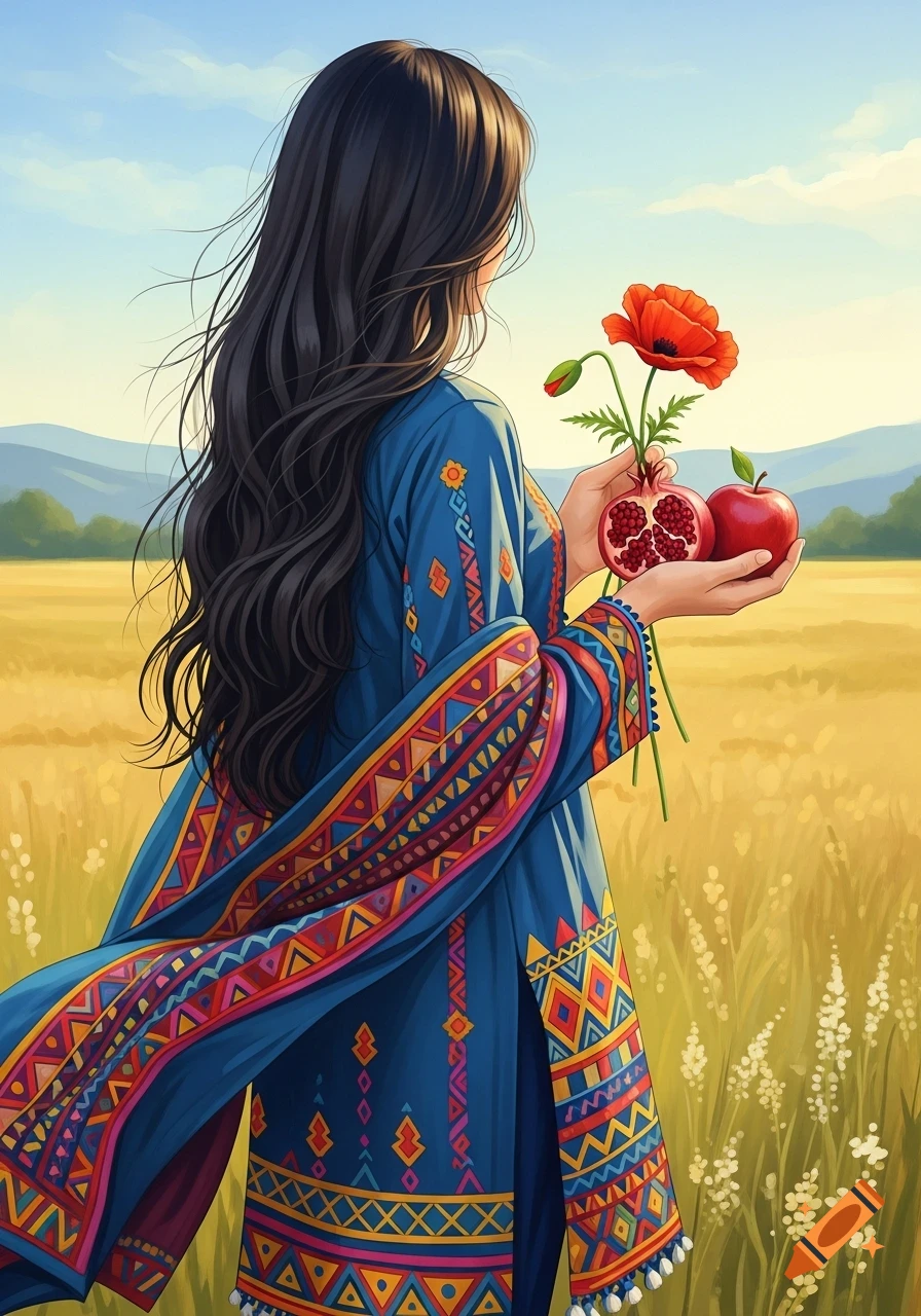 Acrylic painting of a woman with long dark hair and a blue patterned dress, holding a red poppy, pomegranate, and apple in a golden field.