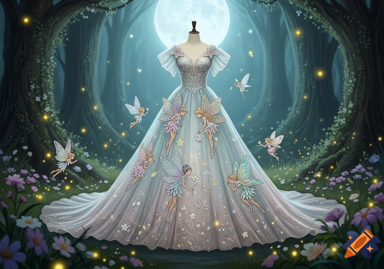 An ethereal fairy dress on a mannequin, adorned with tiny fairies, sparkles, and flowers, set in a magical moonlit forest.