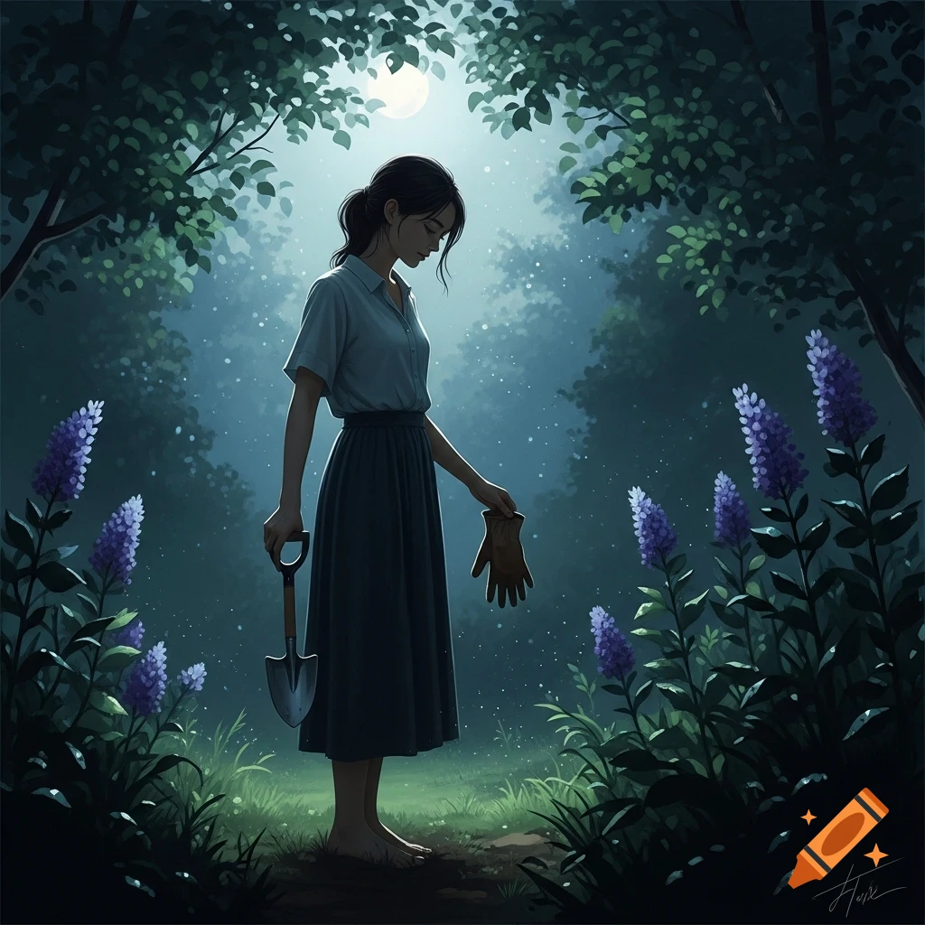A woman stands barefoot in a moonlit garden, holding a shovel and gloves among glowing purple flowers, digital art.