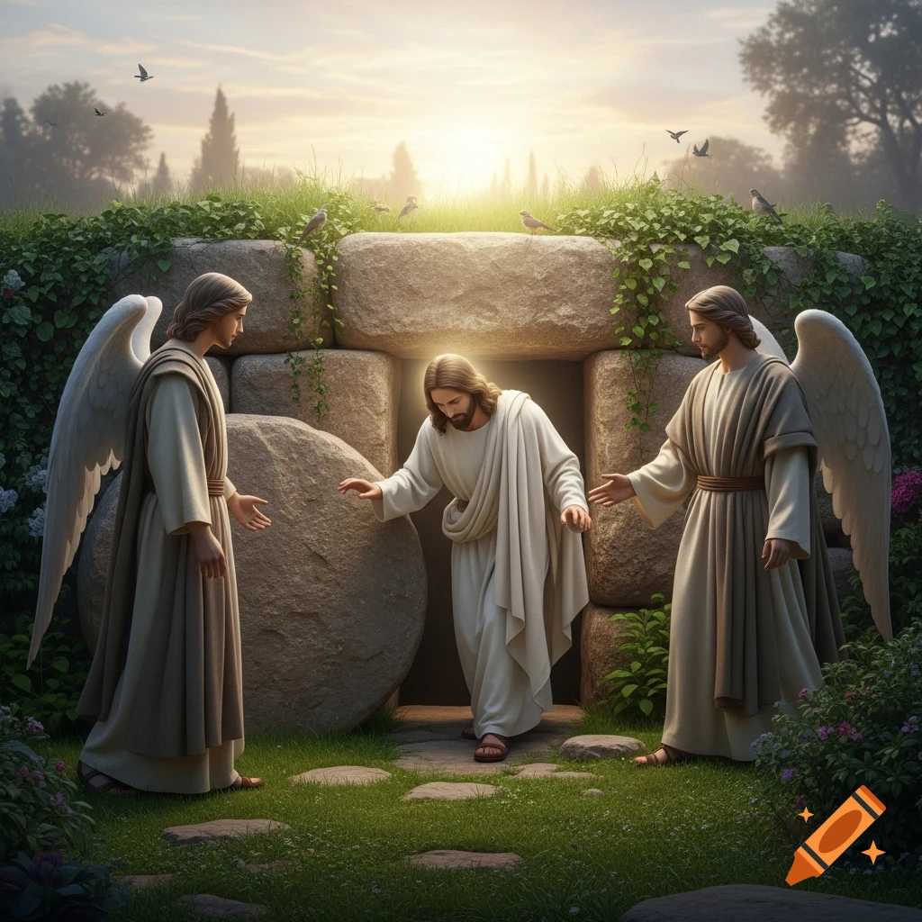 Jesus emerges from a stone tomb, illuminated by light, flanked by two angels in a lush garden at sunrise in a photorealistic style.