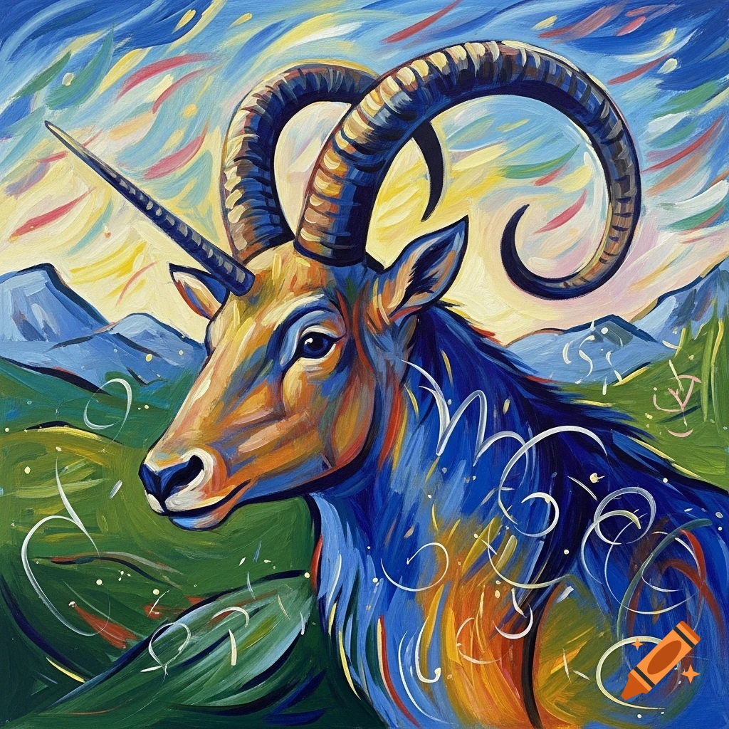Expressionistic painting of a multi-colored goat-like creature with horns and a unicorn horn in a mountain landscape.