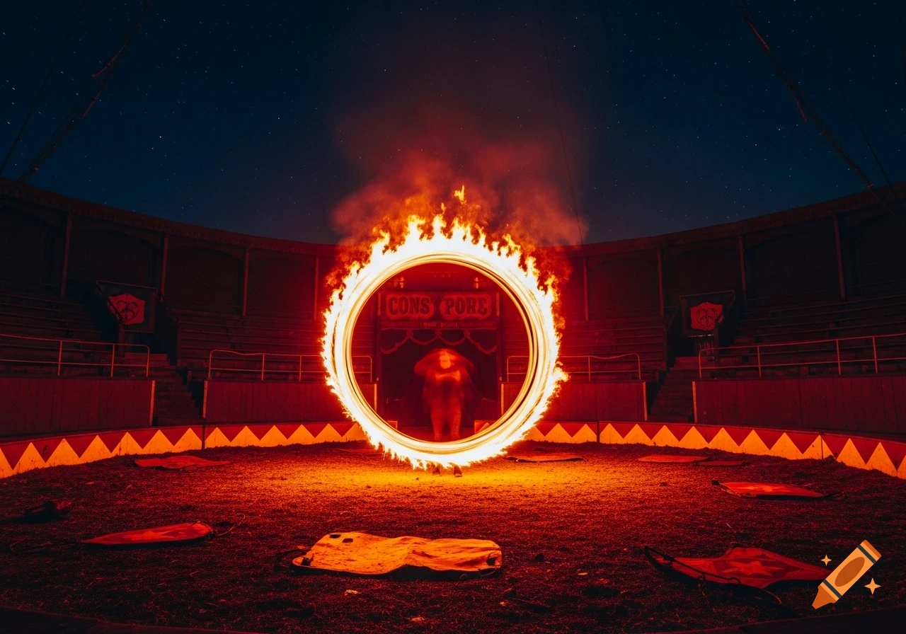 A long exposure shot of a person performing with a ring of fire in an empty circus arena under a starry night sky.