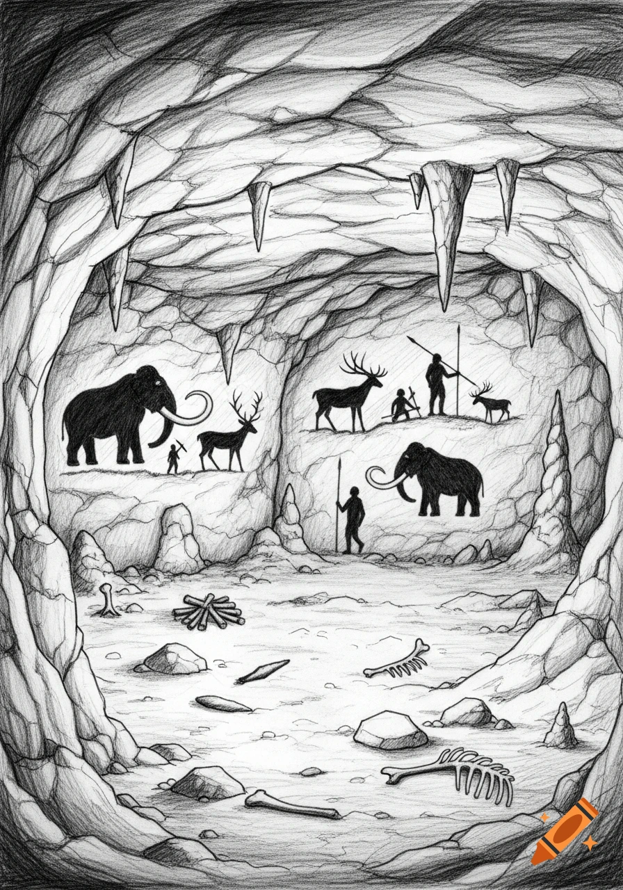 Pencil sketch of a prehistoric cave with cave art depicting mammoths, deer, and human figures with spears.