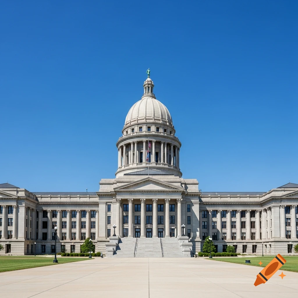 The Oklahoma State Capitol building with a large dome, columns, and steps, against a clear blue sky.