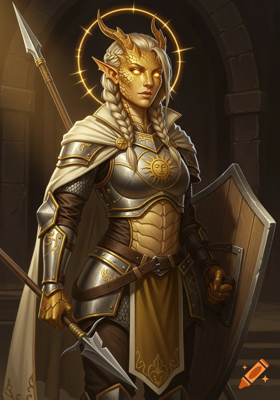 A golden-scaled female Dragonborn Cleric in ornate silver and gold half-plate armor, holding a spear and shield, stands in a dark dungeon.