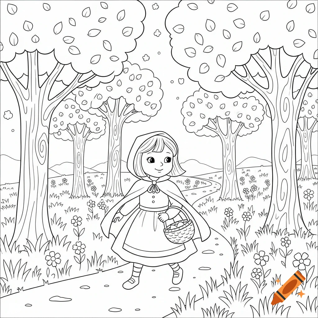 Black and white coloring book illustration of Little Red Riding Hood walking through a forest path, holding a basket.