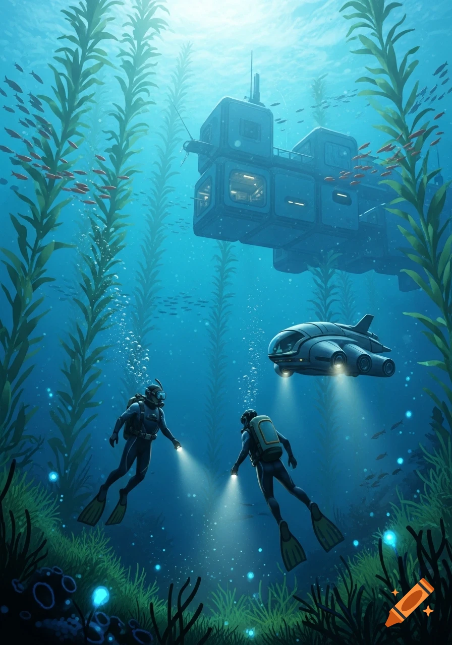 Two divers explore a kelp forest with flashlights, futuristic submarine and illuminated underwater base in an illustrative style.