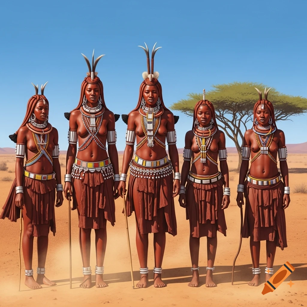 Five Himba women stand in traditional attire with headdresses and jewelry in a desert landscape under a clear sky.