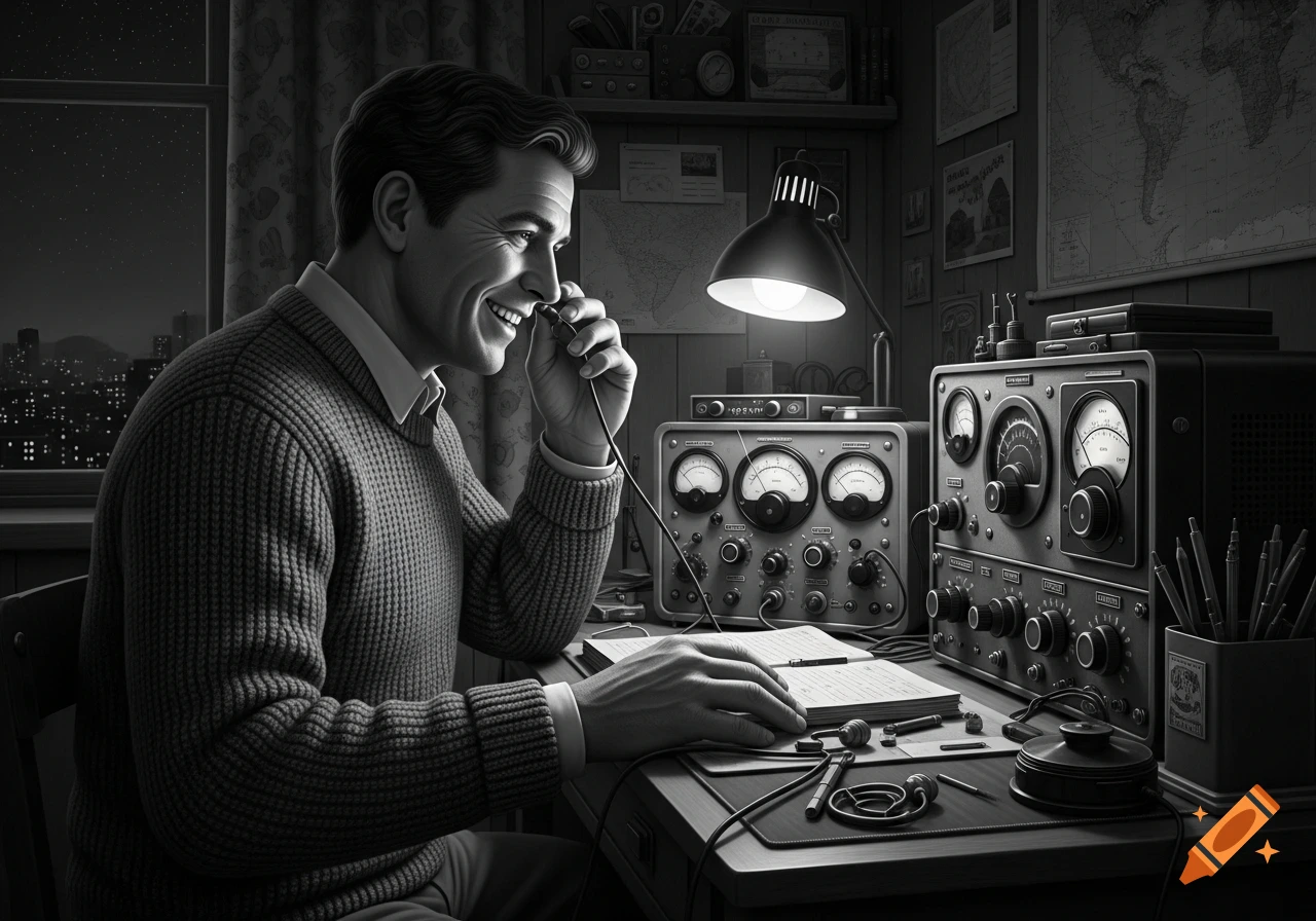 A smiling man in a sweater operates a vintage radio setup at night, in a black and white image.