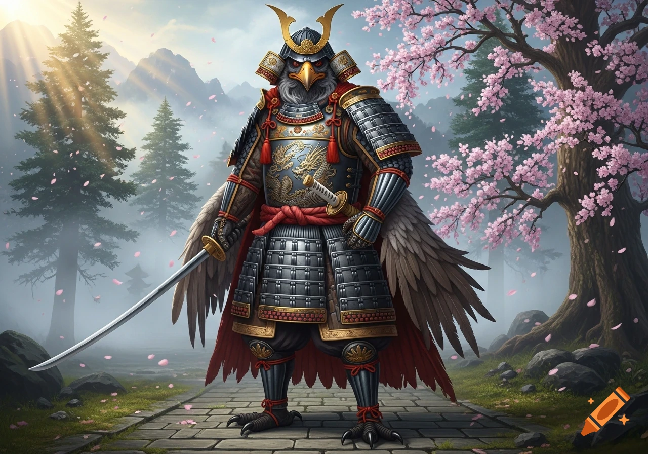 A majestic Tengu in detailed samurai armor holds a katana, standing on a stone path in a foggy Japanese landscape with cherry blossom trees and mountains.