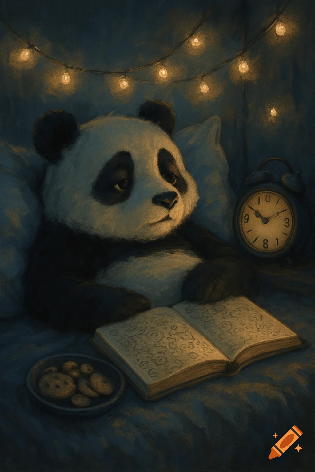 A sad panda reads a book in bed at night, surrounded by glowing fairy lights, with a plate of cookies and an alarm clock nearby. Digital painting.