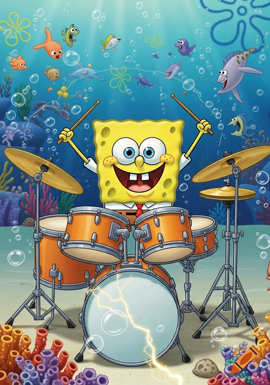 Spongebob Squarepants happily plays a drum kit on the sandy ocean floor surrounded by various fish and coral reefs.
