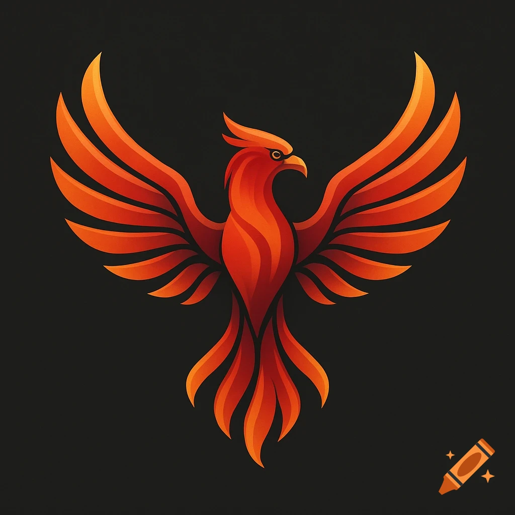 A stylized vibrant red and orange phoenix logo with outstretched wings on a dark background.