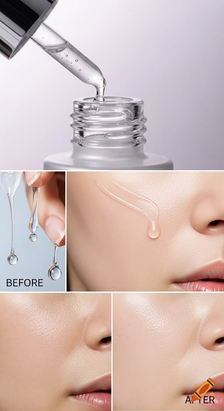 Close-up of a skincare serum dropper, liquid on fingers, and before-and-after comparison of skin with applied serum.