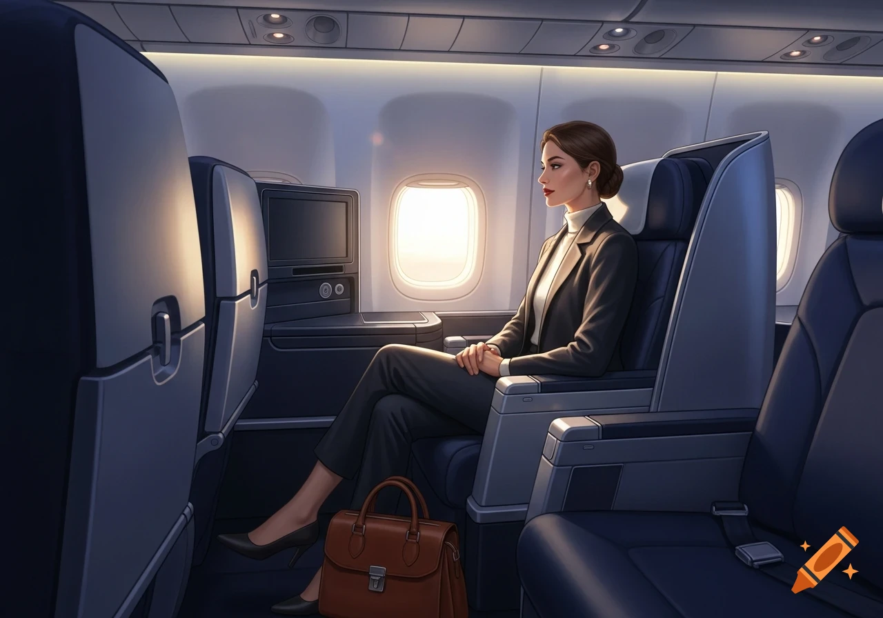 A woman in a business suit sits in a well-lit airplane cabin, looking out the window during a flight. Photorealistic digital art.