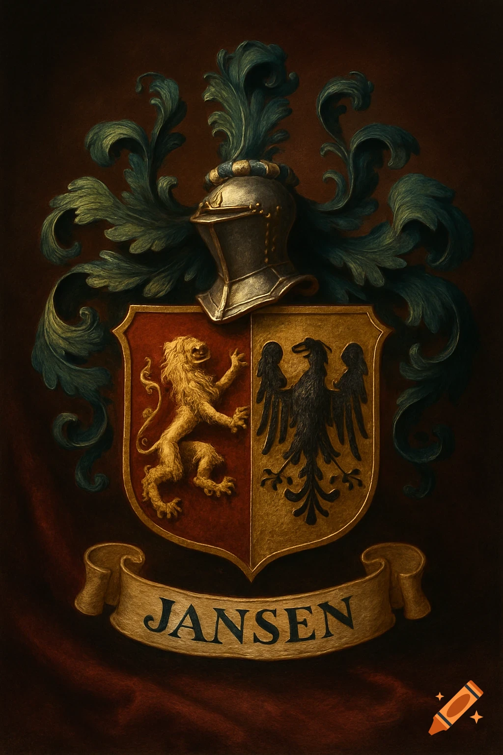 Ornate painterly coat of arms featuring a golden lion, a black eagle, a helmet, green foliage, and a banner with 'JANSEN'.