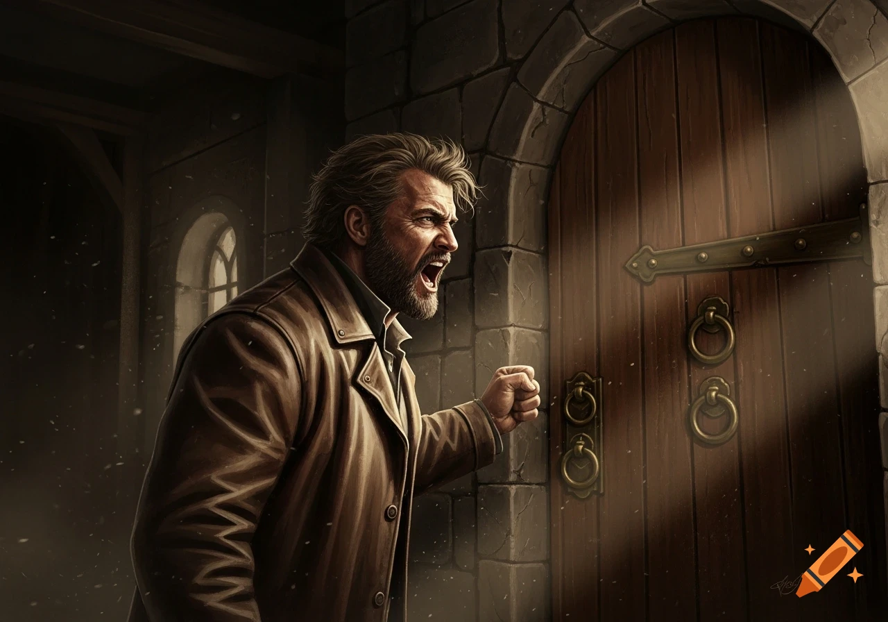 A bearded man in a brown trench coat shouts and pounds on a rustic wooden door under a stone archway, dramatic lighting.