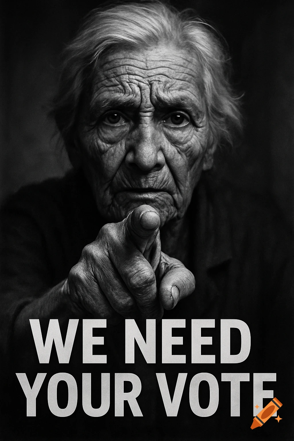 Close-up, black and white portrait of a somber elderly person pointing forward, with 'WE NEED YOUR VOTE' text.