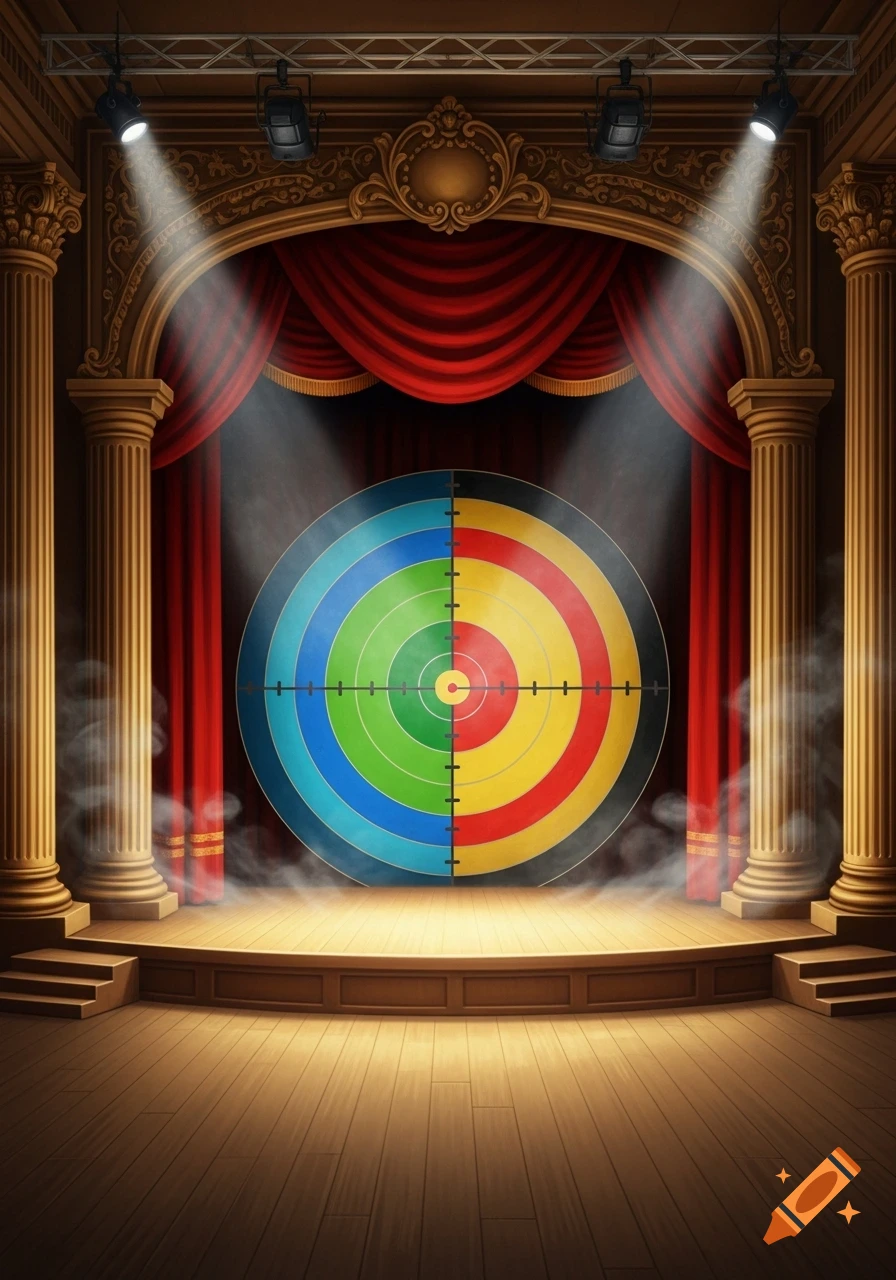 Colorful target on a grand theatre stage with red curtains, ornate pillars, and spotlights.