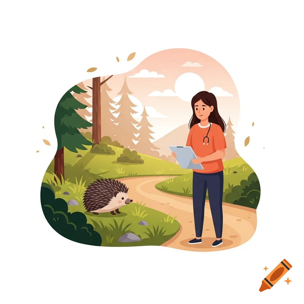 A cartoon illustration of a woman with a stethoscope and clipboard standing on a forest path, observing a hedgehog.
