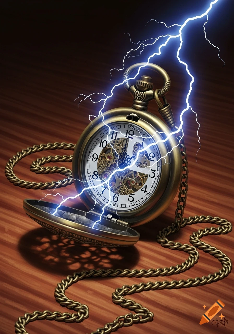 A detailed brass pocket watch with an open face and a long chain, struck by bright blue lightning on a wooden surface.