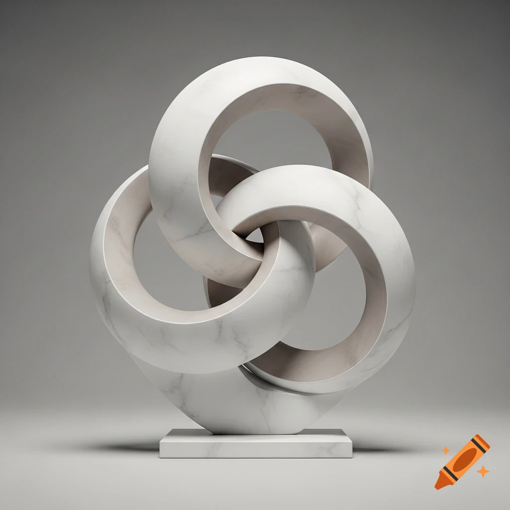 A white marble abstract sculpture of three interlinked rings with a smooth matte finish, set against a gray gradient background.