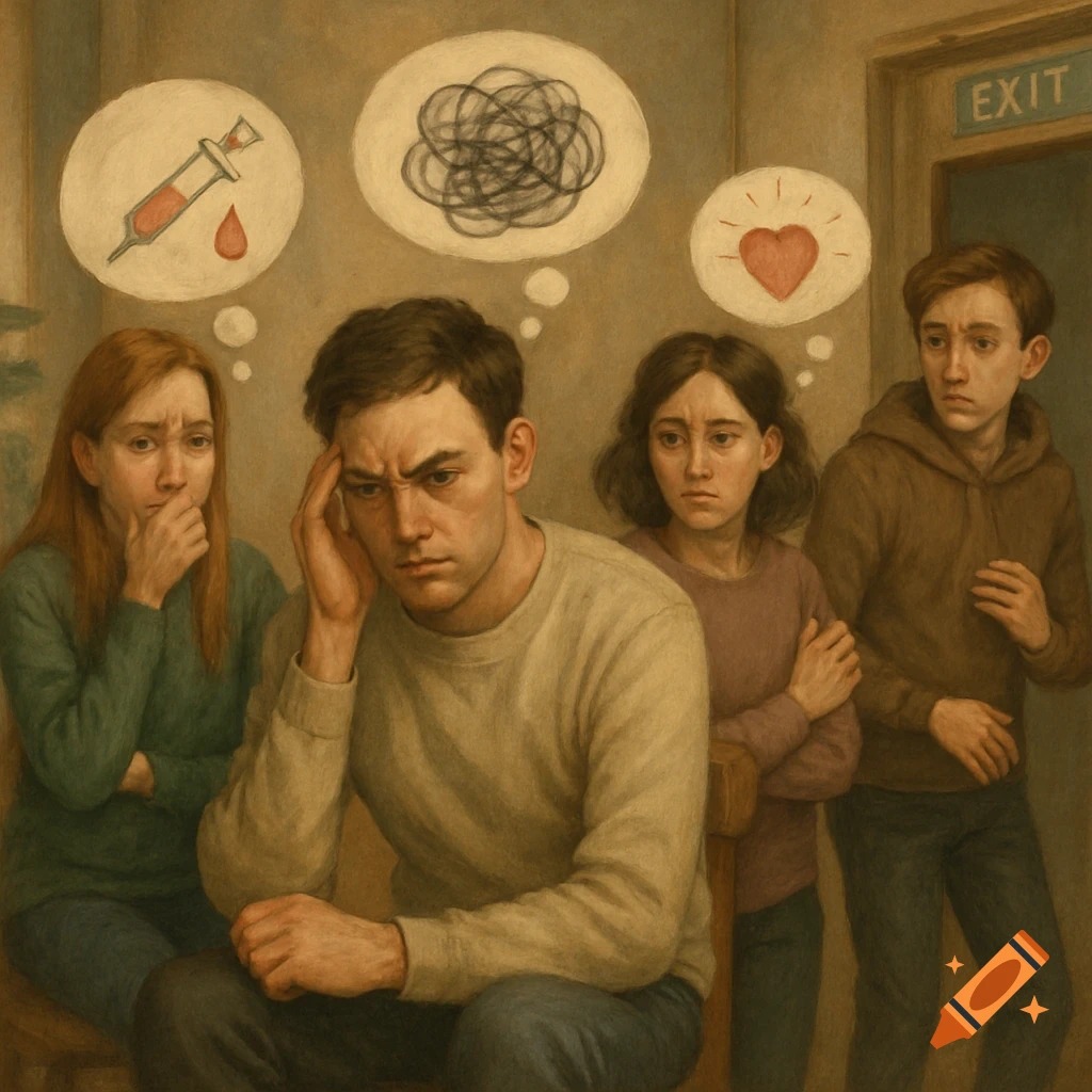 Four people, appearing anxious, are depicted with thought bubbles above their heads. One has a syringe, another tangled lines, one a heart. A door marked "EXIT" is nearby.