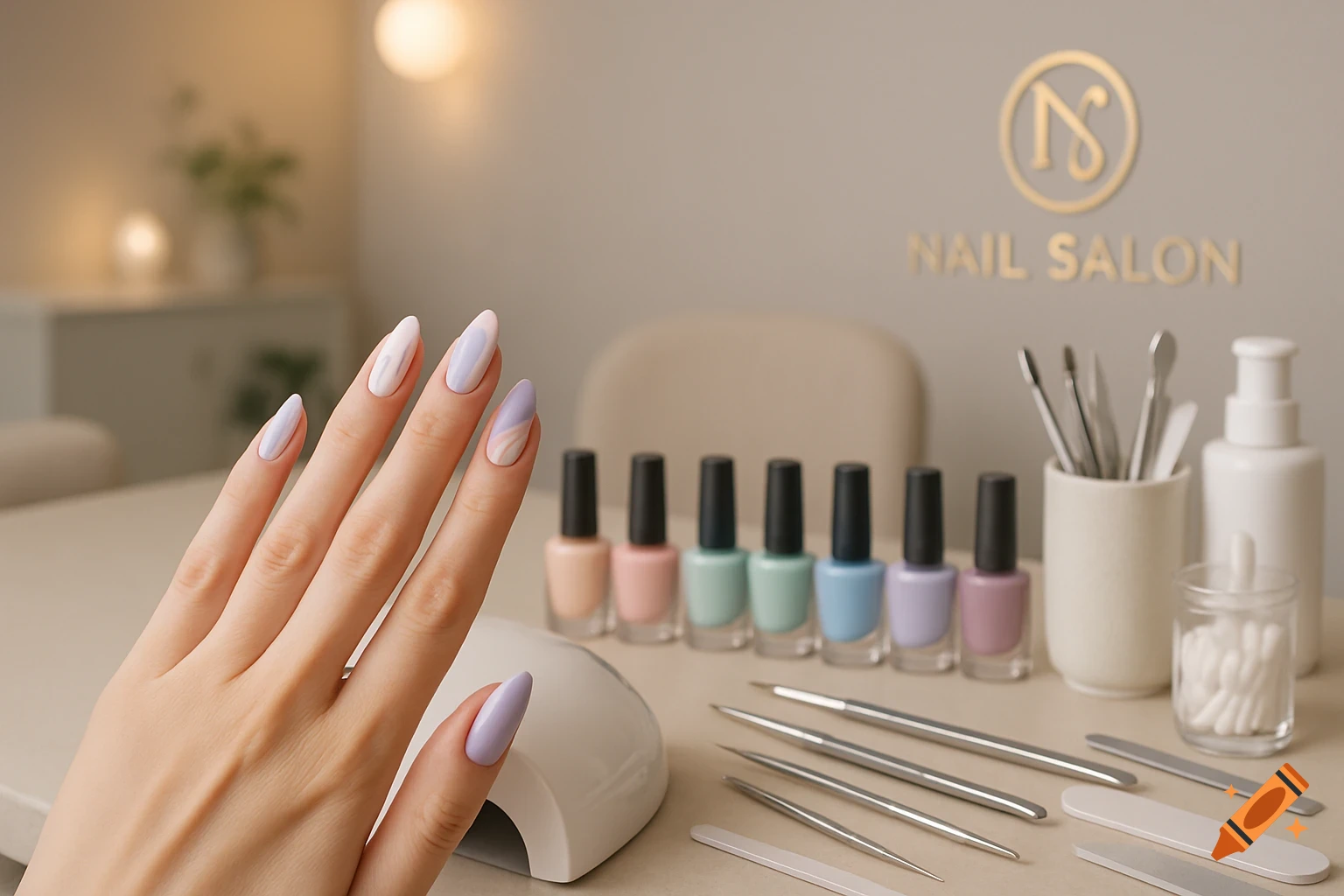 A hand with pastel manicured nails near a UV lamp, surrounded by colorful nail polish bottles and salon tools on a table in a nail salon.