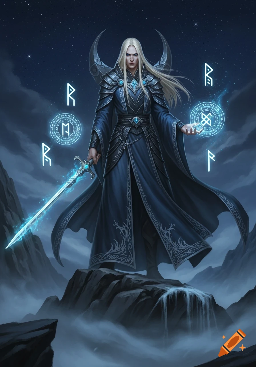 A tall, pale-skinned wizard with long platinum-blond hair, a glowing sword, and magic stands on a rocky mountain under a starry night.