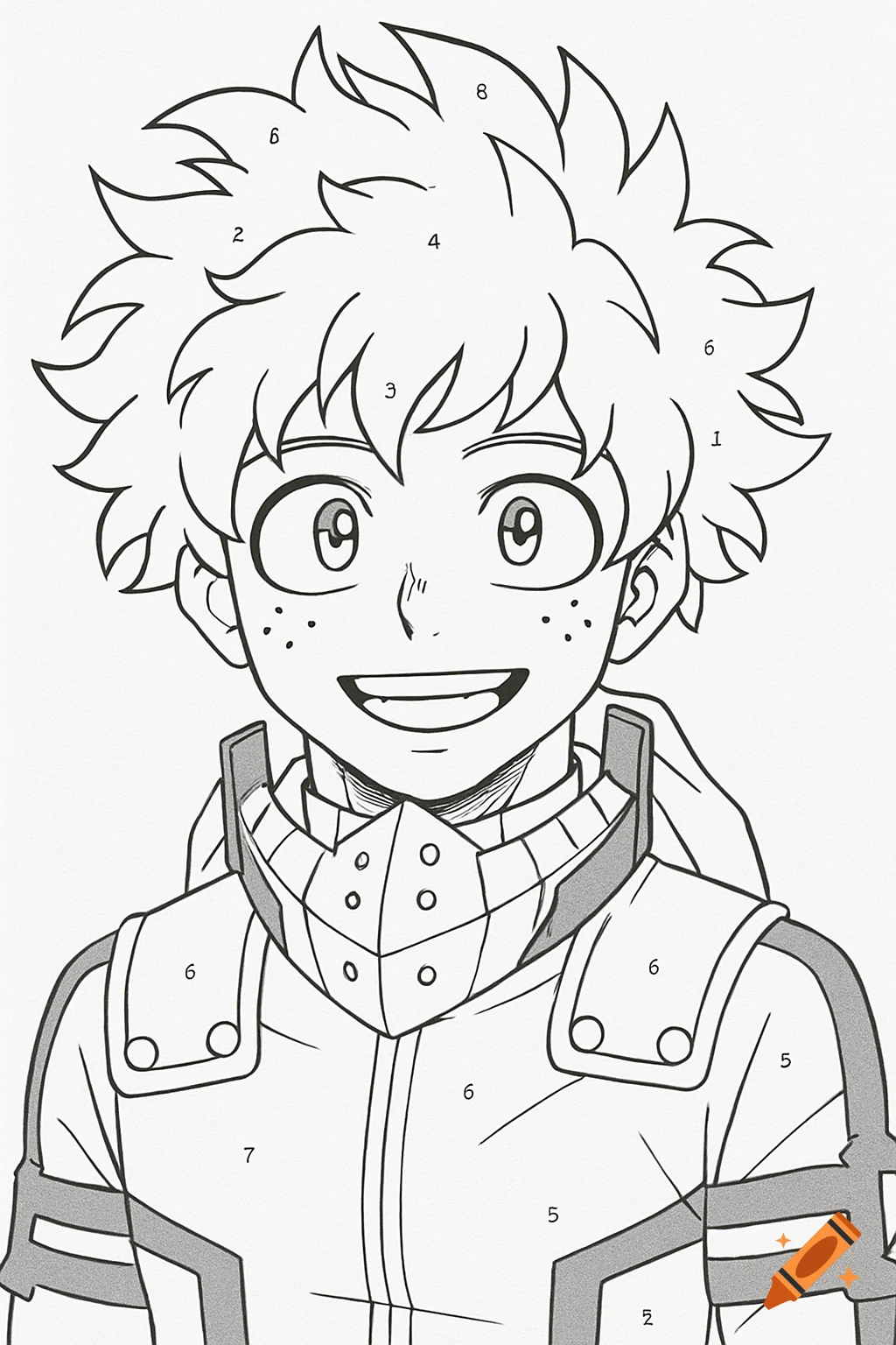 A black and white line art drawing of Deku from My Hero Academia, smiling, designed as a color-by-number page with numbers visible.