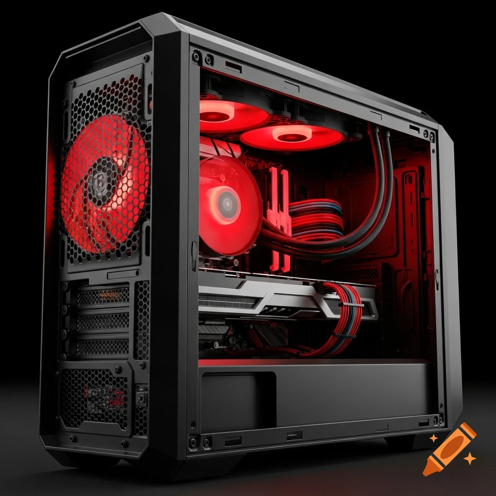 A black computer case with a clear side panel revealing internal components and bright red LED lighting from fans and the CPU cooler against a dark background.