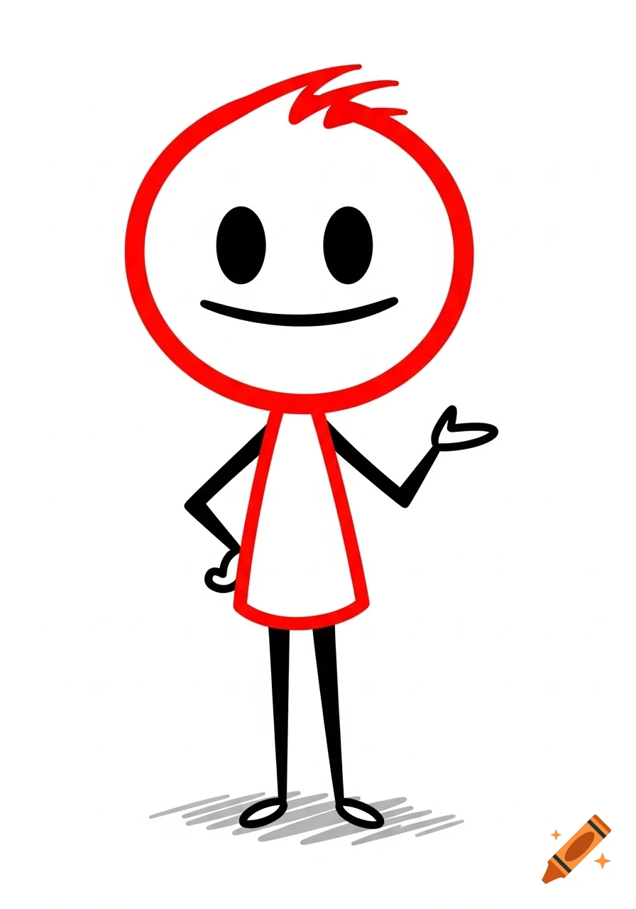 A cartoon stick figure with a red outline, black stick limbs, black dot eyes, and a horizontal smile, standing on a white background with a shadow.
