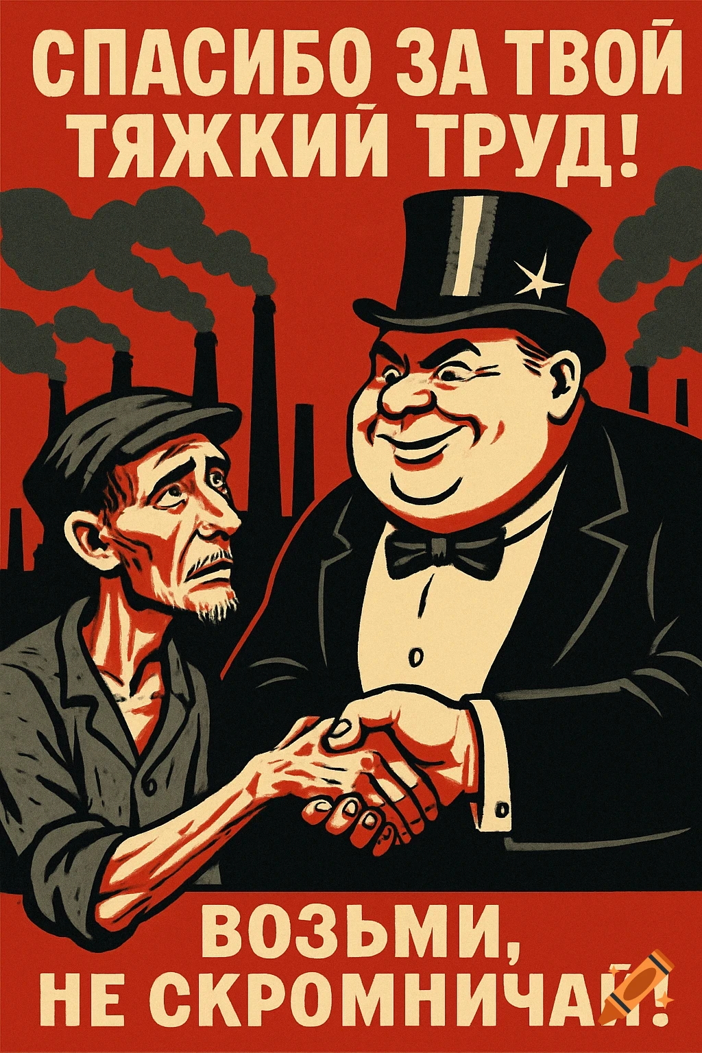 A Soviet-style political cartoon depicts a smiling, portly man in a top hat shaking hands with a gaunt, somber worker. Factory chimneys emit smoke in the background. Text reads, "Thank you for your hard work!" and "Take it, don't be shy!"